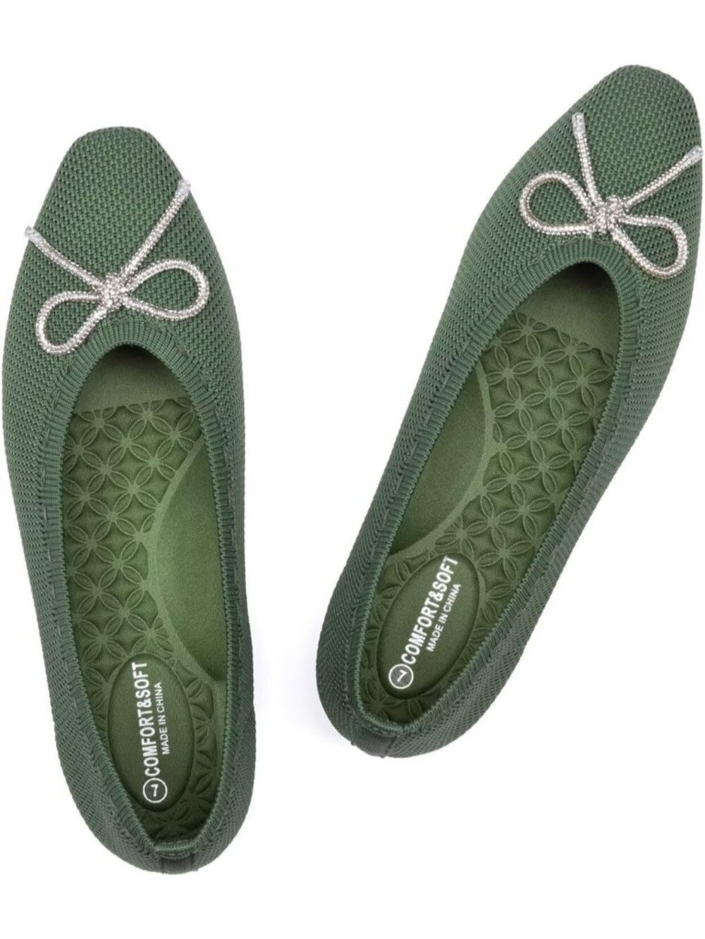 Women's Green Rubber Knit Square Toe Rhinestone Bow Ballet Flats Flexible Shoes